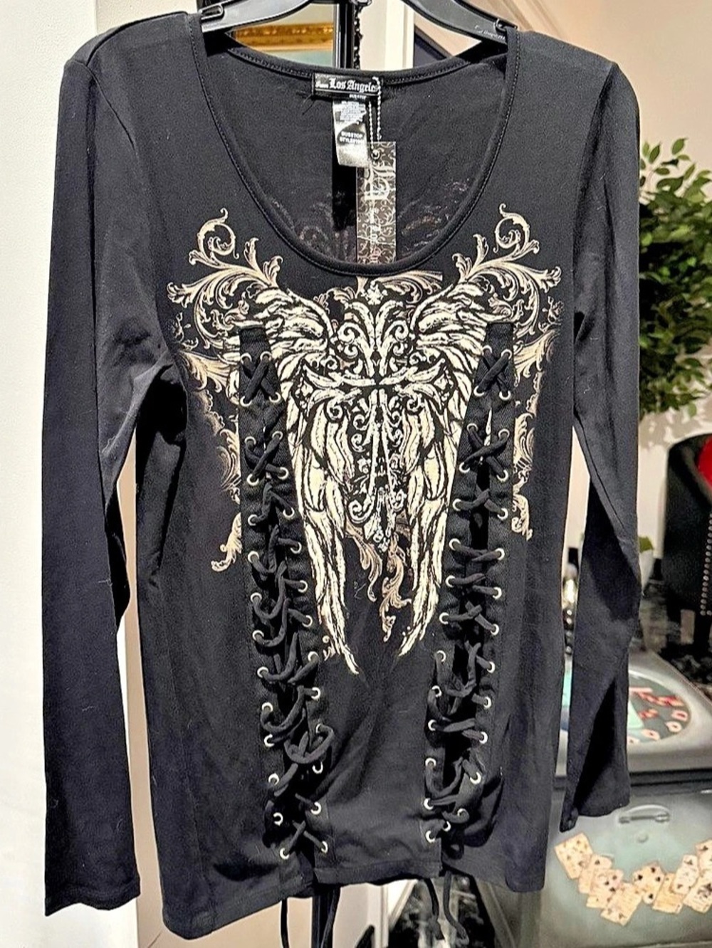 LA BUSTSTOP Y2K Black Long Sleeve Lace-Up Top XL Gothic Wings Dark Grunge NEW